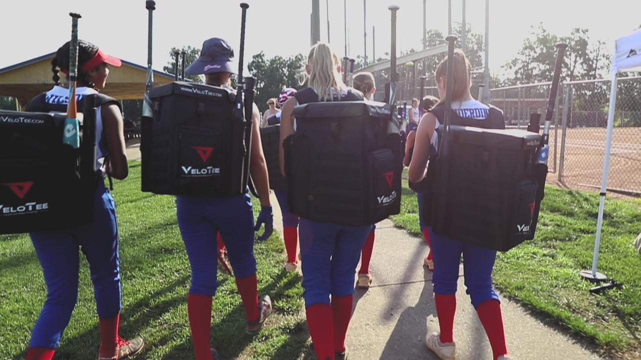 Load video: VeloTee Baseball & Softball Bat Bag that Comes with a Batting Tee Video that shows how baseball and softball players can hit right off of their bat bag. 